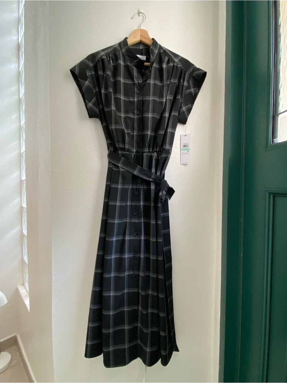 Calvin Klein • Black Plaid Maxi Shirt Dress with Waist Tie